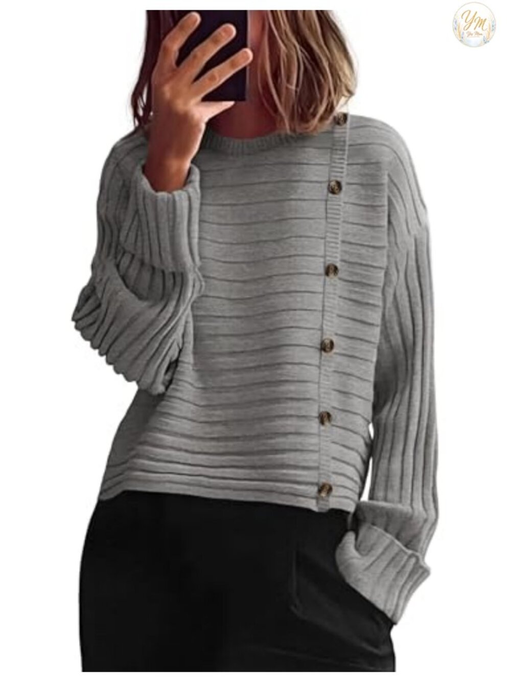 Womens Asymmetric Button Long Sleeve Knit Pullover Sweater Chunky